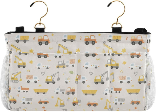 Watercolor Cartoon Vehicle Colorful Yellow Bedside Storage Caddy Dorm Bed Bag for Bunk/Hospital Beds, sac de rangement