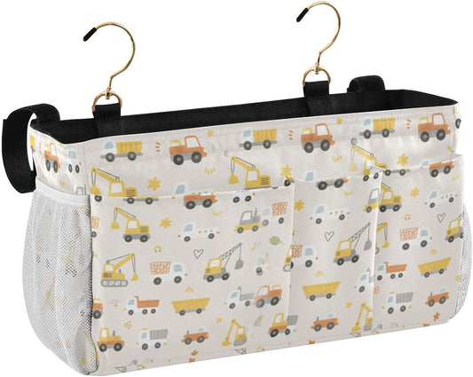 Watercolor Cartoon Vehicle Colorful Yellow Bedside Storage Caddy Dorm Bed Bag for Bunk/Hospital Beds, sac de rangement