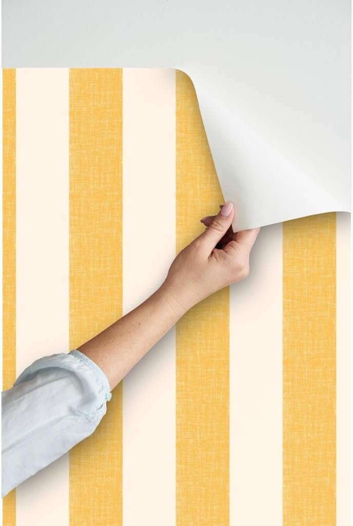 Lemon Yellow Stripe Peel and Stick Wallpaper | Sample 12" x 24" | Amalfi Pool Cabana Simple Large Scale | Self-adhesive, removable and renter-friendly