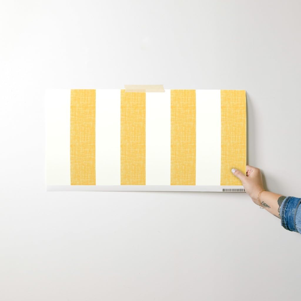 Lemon Yellow Stripe Peel and Stick Wallpaper | Sample 12" x 24" | Amalfi Pool Cabana Simple Large Scale | Self-adhesive, removable and renter-friendly