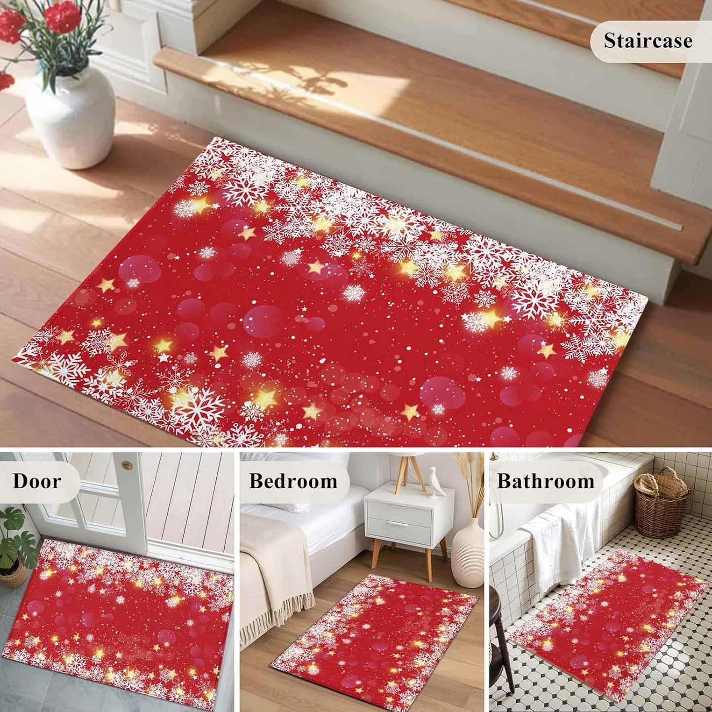 Winter Snowflakes Bright 2x3 Area Rugs for Living Room, Yellow Christmas Star Xmas Red Non Slip Floor Mat Washable Low-Profile Indoor Carpet for Bedroom, Dining Room, Bathroom