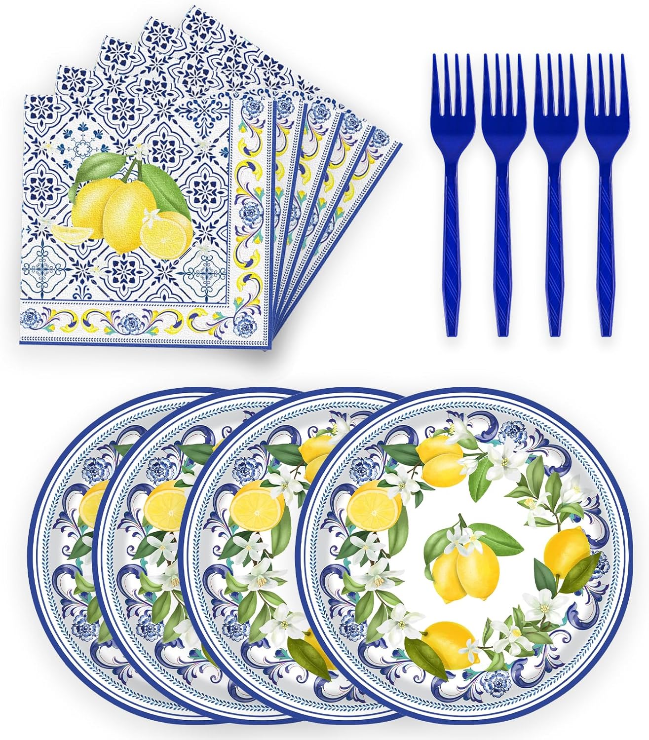 72 Pcs Lemon Paper Plates and Napkins Party Supplies , Blue Tiles Yellow Lemon Party Decorations Disposable Party Plates and Napkins Tableware Set for Birthday Wedding Baby Showe Serves 24 (Lemon)