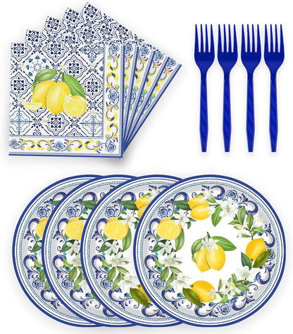 72 Pcs Lemon Paper Plates and Napkins Party Supplies , Blue Tiles Yellow Lemon Party Decorations Disposable Party Plates and Napkins Tableware Set for Birthday Wedding Baby Showe Serves 24 (Lemon)