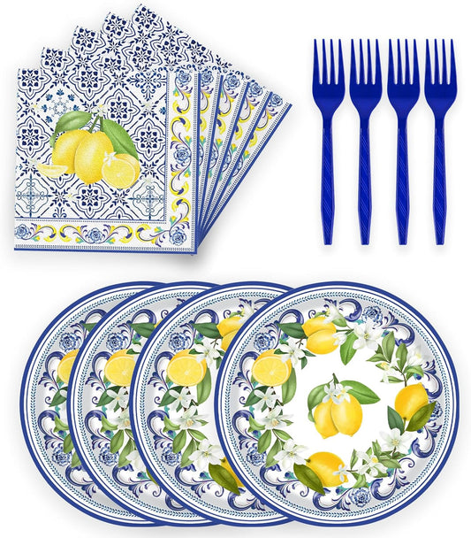 72 Pcs Lemon Paper Plates and Napkins Party Supplies , Blue Tiles Yellow Lemon Party Decorations Disposable Party Plates and Napkins Tableware Set for Birthday Wedding Baby Showe Serves 24 (Lemon)
