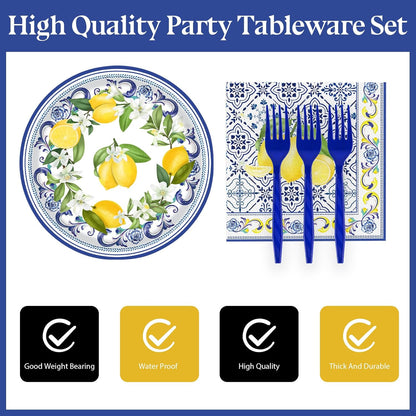 72 Pcs Lemon Paper Plates and Napkins Party Supplies , Blue Tiles Yellow Lemon Party Decorations Disposable Party Plates and Napkins Tableware Set for Birthday Wedding Baby Showe Serves 24 (Lemon)
