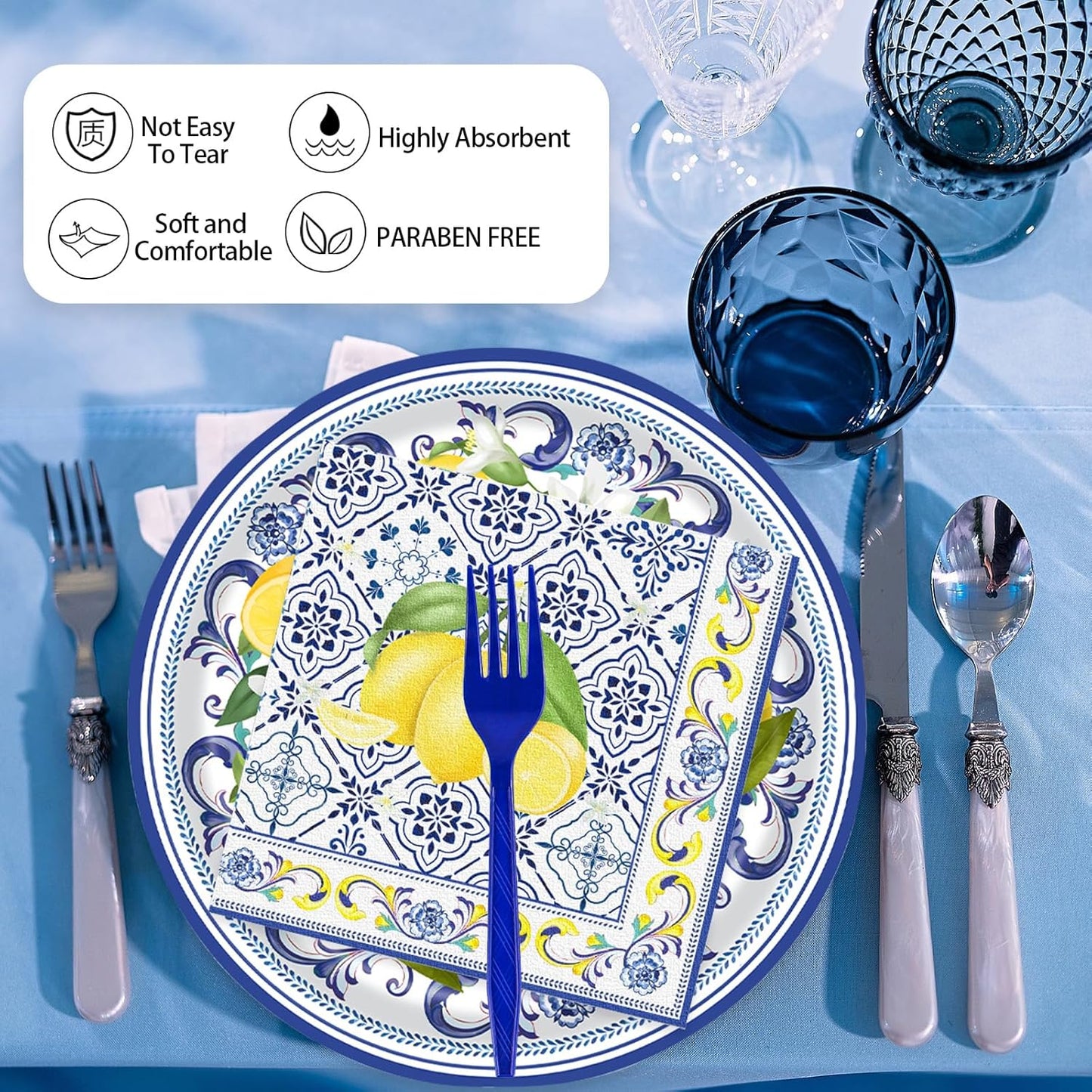 72 Pcs Lemon Paper Plates and Napkins Party Supplies , Blue Tiles Yellow Lemon Party Decorations Disposable Party Plates and Napkins Tableware Set for Birthday Wedding Baby Showe Serves 24 (Lemon)