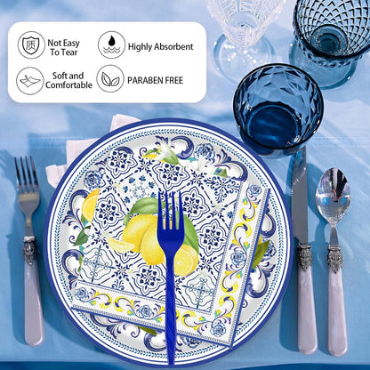 72 Pcs Lemon Paper Plates and Napkins Party Supplies , Blue Tiles Yellow Lemon Party Decorations Disposable Party Plates and Napkins Tableware Set for Birthday Wedding Baby Showe Serves 24 (Lemon)