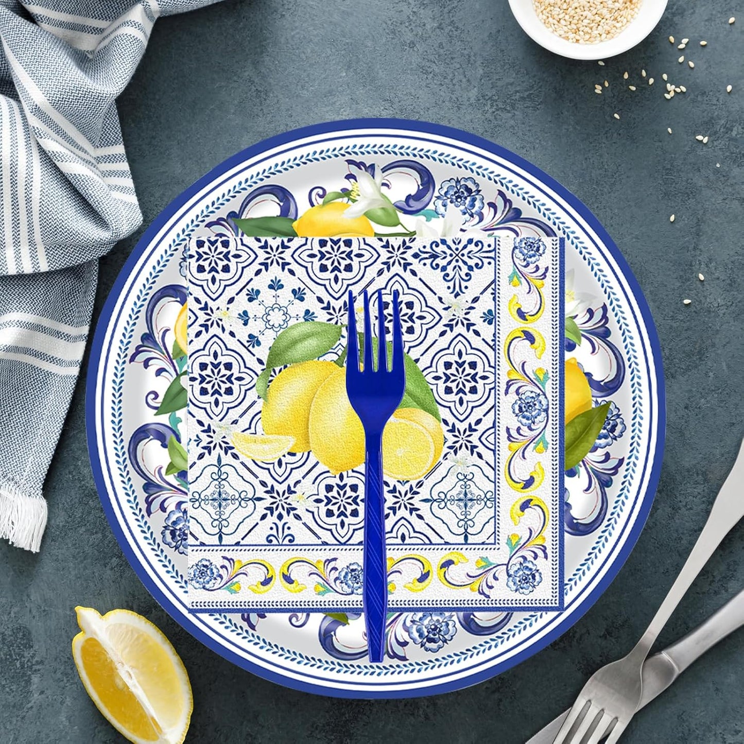 72 Pcs Lemon Paper Plates and Napkins Party Supplies , Blue Tiles Yellow Lemon Party Decorations Disposable Party Plates and Napkins Tableware Set for Birthday Wedding Baby Showe Serves 24 (Lemon)