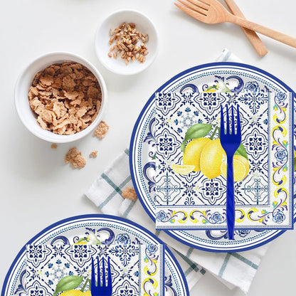 72 Pcs Lemon Paper Plates and Napkins Party Supplies , Blue Tiles Yellow Lemon Party Decorations Disposable Party Plates and Napkins Tableware Set for Birthday Wedding Baby Showe Serves 24 (Lemon)