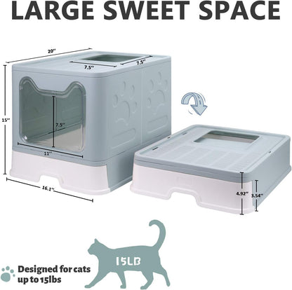 Foldable Cat Litter Box with Lid, Enclosed Potty, Large Top Entry Anti-Splashing Toilet, Easy to Clean Including Litter Scoop and 2-in-1 Cleaning Brush (Blue)