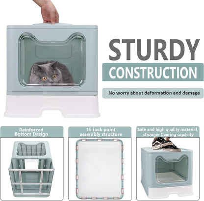 Foldable Cat Litter Box with Lid, Enclosed Potty, Large Top Entry Anti-Splashing Toilet, Easy to Clean Including Litter Scoop and 2-in-1 Cleaning Brush (Blue)
