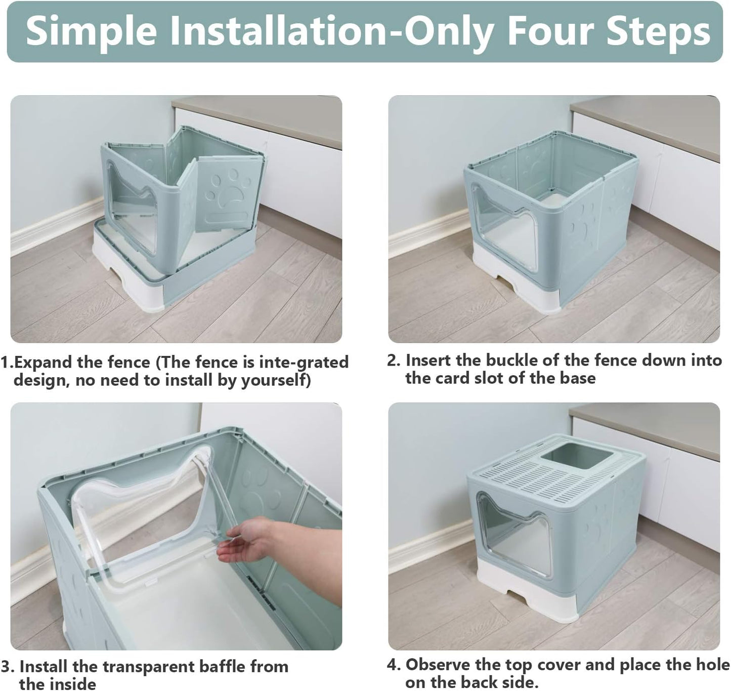 Foldable Cat Litter Box with Lid, Enclosed Potty, Large Top Entry Anti-Splashing Toilet, Easy to Clean Including Litter Scoop and 2-in-1 Cleaning Brush (Blue)