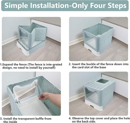 Foldable Cat Litter Box with Lid, Enclosed Potty, Large Top Entry Anti-Splashing Toilet, Easy to Clean Including Litter Scoop and 2-in-1 Cleaning Brush (Blue)