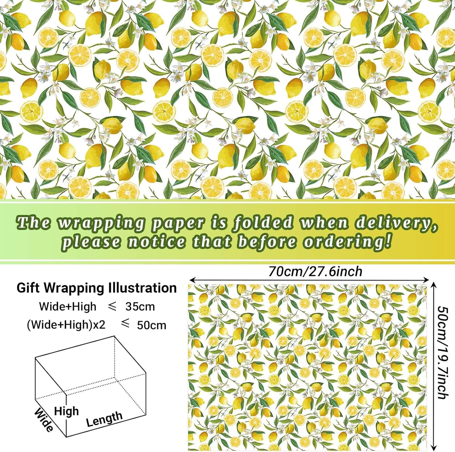 12 Sheets 28 * 20 Inches Lemon Wrapping Paper Yellow Green Summer Fruit Flower Patterned Gift Wrap Paper for Baby Shower Birthday Summer Holidays DIY Craft
