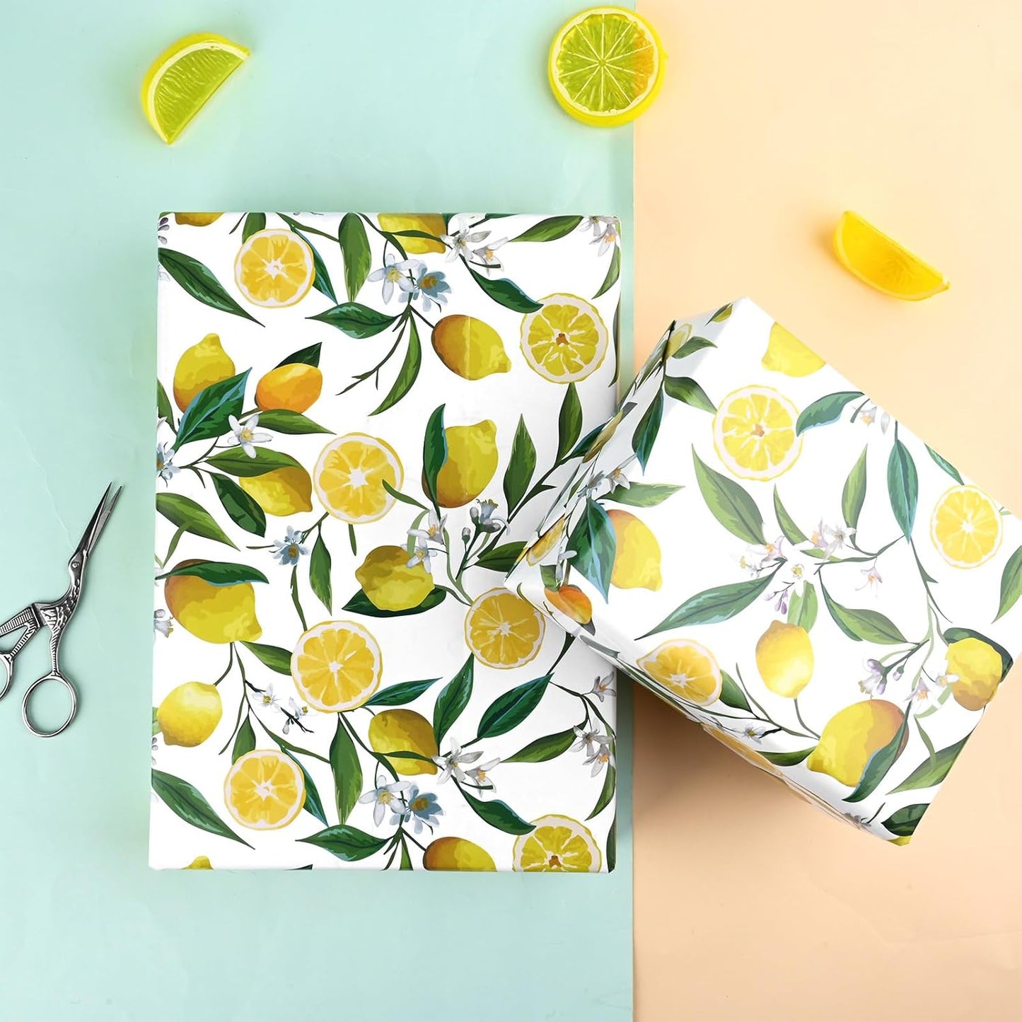 12 Sheets 28 * 20 Inches Lemon Wrapping Paper Yellow Green Summer Fruit Flower Patterned Gift Wrap Paper for Baby Shower Birthday Summer Holidays DIY Craft