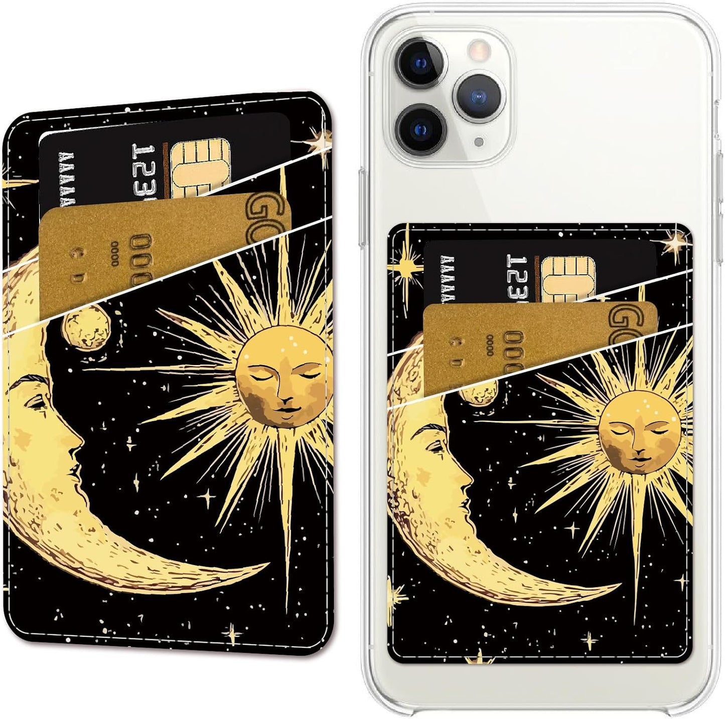 Sun Phone Card Holder Leather Cell Phone Wallet Stick on Adhesive Credit Card Holder Slim Double Pocket Sticker for Back of Phone Case Compatible with Most Phones 3.7 x 2.5 Inch