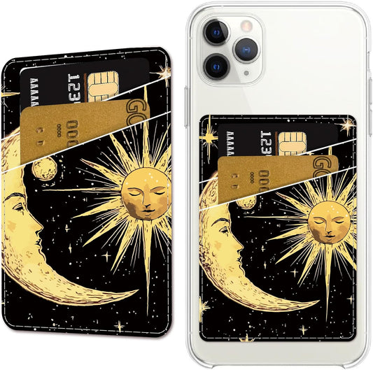 Sun Phone Card Holder Leather Cell Phone Wallet Stick on Adhesive Credit Card Holder Slim Double Pocket Sticker for Back of Phone Case Compatible with Most Phones 3.7 x 2.5 Inch