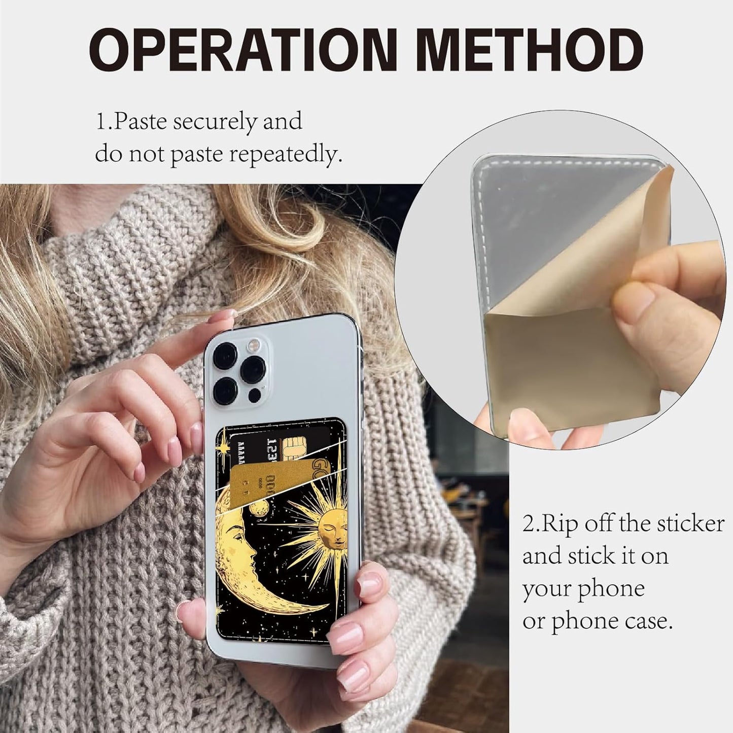 Sun Phone Card Holder Leather Cell Phone Wallet Stick on Adhesive Credit Card Holder Slim Double Pocket Sticker for Back of Phone Case Compatible with Most Phones 3.7 x 2.5 Inch