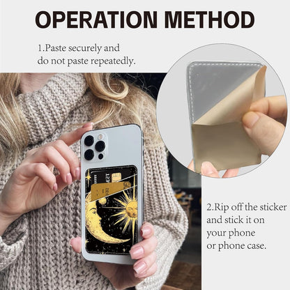 Sun Phone Card Holder Leather Cell Phone Wallet Stick on Adhesive Credit Card Holder Slim Double Pocket Sticker for Back of Phone Case Compatible with Most Phones 3.7 x 2.5 Inch