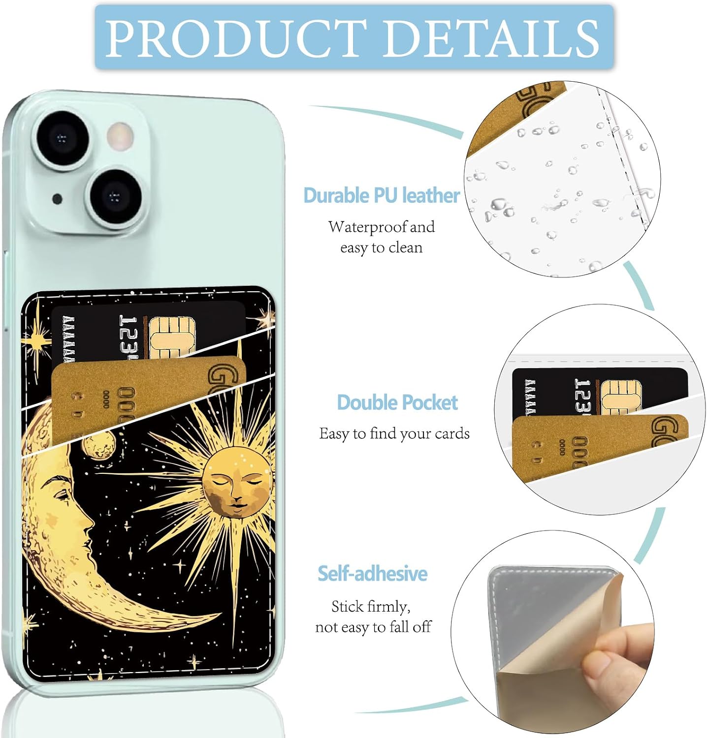 Sun Phone Card Holder Leather Cell Phone Wallet Stick on Adhesive Credit Card Holder Slim Double Pocket Sticker for Back of Phone Case Compatible with Most Phones 3.7 x 2.5 Inch