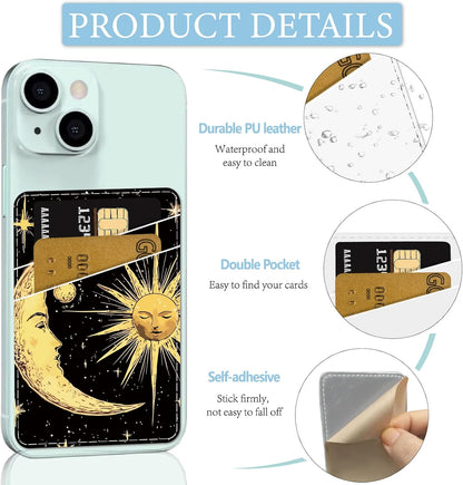 Sun Phone Card Holder Leather Cell Phone Wallet Stick on Adhesive Credit Card Holder Slim Double Pocket Sticker for Back of Phone Case Compatible with Most Phones 3.7 x 2.5 Inch