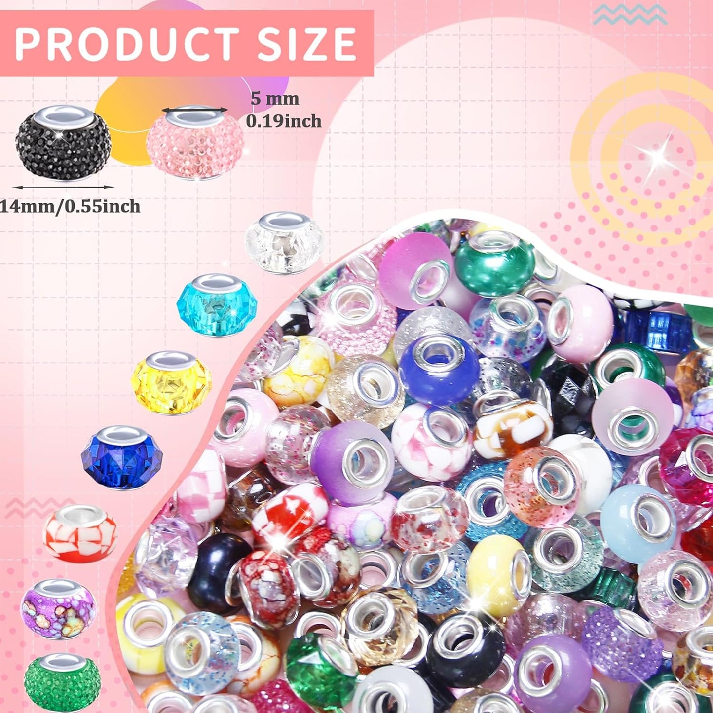 100 Pcs Large Hole Beads Spacer Bead Yellow Assorted European Craft Big Beads Large Hole Lampwork Murano Fairy Wand Garden Bead for DIY Pens Charms Bracelet Necklace Keychain Jewelry Making Supplies