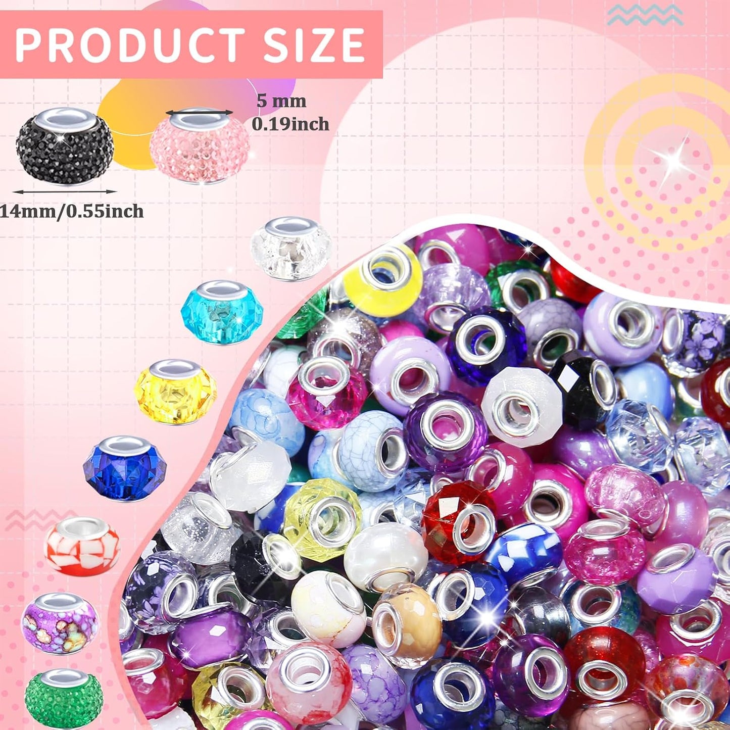 100 Pcs Large Hole Beads Spacer Bead Yellow Assorted European Craft Big Beads Large Hole Lampwork Murano Fairy Wand Garden Bead for DIY Pens Charms Bracelet Necklace Keychain Jewelry Making Supplies