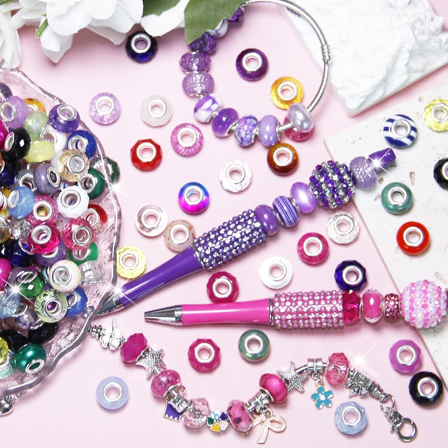 100 Pcs Large Hole Beads Spacer Bead Yellow Assorted European Craft Big Beads Large Hole Lampwork Murano Fairy Wand Garden Bead for DIY Pens Charms Bracelet Necklace Keychain Jewelry Making Supplies