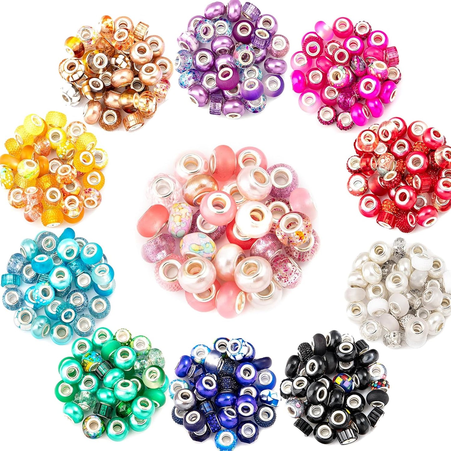 100 Pcs Large Hole Beads Spacer Bead Yellow Assorted European Craft Big Beads Large Hole Lampwork Murano Fairy Wand Garden Bead for DIY Pens Charms Bracelet Necklace Keychain Jewelry Making Supplies