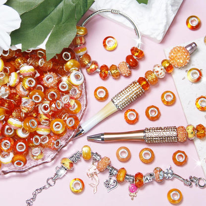 100 Pcs Large Hole Beads Spacer Bead Yellow Assorted European Craft Big Beads Large Hole Lampwork Murano Fairy Wand Garden Bead for DIY Pens Charms Bracelet Necklace Keychain Jewelry Making Supplies