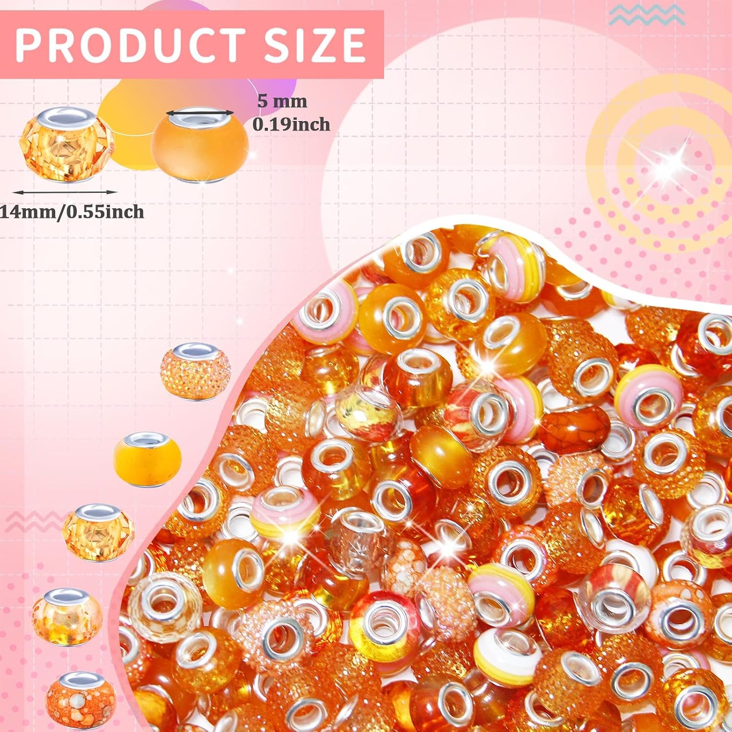 100 Pcs Large Hole Beads Spacer Bead Yellow Assorted European Craft Big Beads Large Hole Lampwork Murano Fairy Wand Garden Bead for DIY Pens Charms Bracelet Necklace Keychain Jewelry Making Supplies