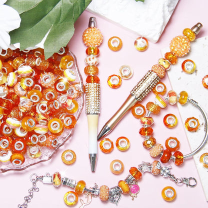 100 Pcs Large Hole Beads Spacer Bead Yellow Assorted European Craft Big Beads Large Hole Lampwork Murano Fairy Wand Garden Bead for DIY Pens Charms Bracelet Necklace Keychain Jewelry Making Supplies