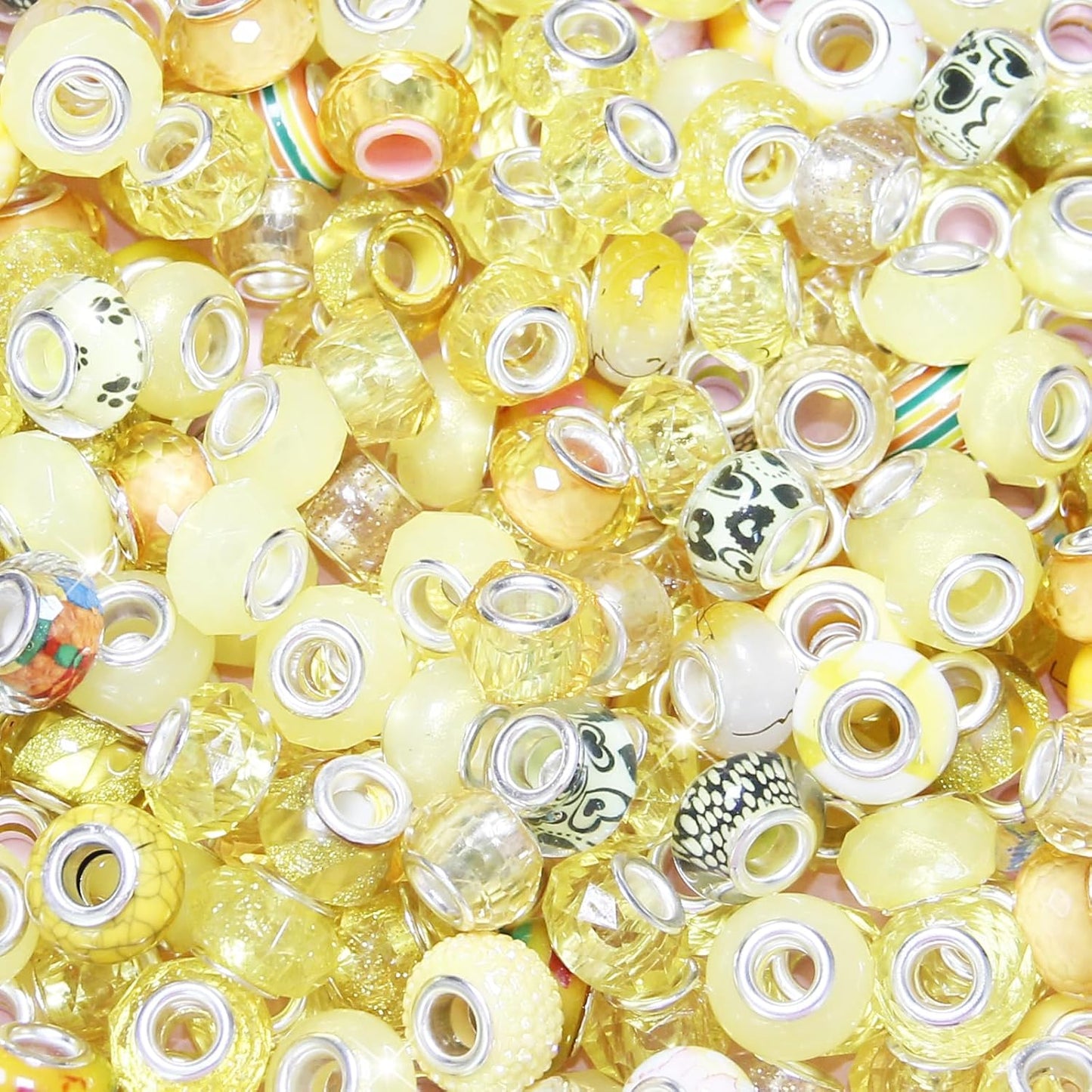 100 Pcs Large Hole Beads Spacer Bead Yellow Assorted European Craft Big Beads Large Hole Lampwork Murano Fairy Wand Garden Bead for DIY Pens Charms Bracelet Necklace Keychain Jewelry Making Supplies
