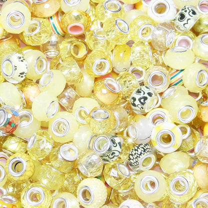 100 Pcs Large Hole Beads Spacer Bead Yellow Assorted European Craft Big Beads Large Hole Lampwork Murano Fairy Wand Garden Bead for DIY Pens Charms Bracelet Necklace Keychain Jewelry Making Supplies