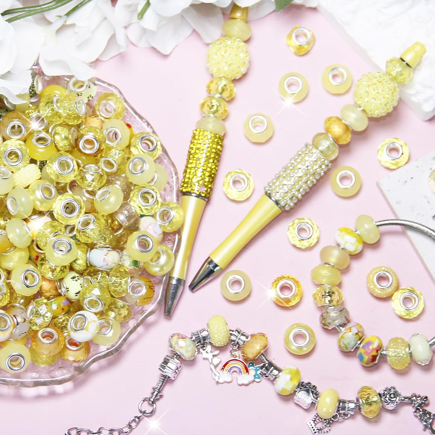 100 Pcs Large Hole Beads Spacer Bead Yellow Assorted European Craft Big Beads Large Hole Lampwork Murano Fairy Wand Garden Bead for DIY Pens Charms Bracelet Necklace Keychain Jewelry Making Supplies