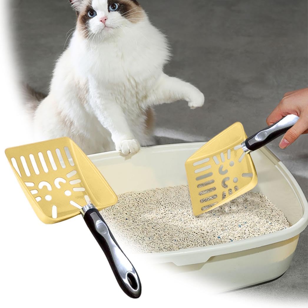 Cat Litter Box Shovel, Aluminum Alloy Sifter, Kitty Metal Scooper, Deep Shovel Long Handle, Metal Medium Cat Litter Scoop Sturdy Mesh Scooper, Easy to Clean Suitable for Cat Litter Box (Yellow)