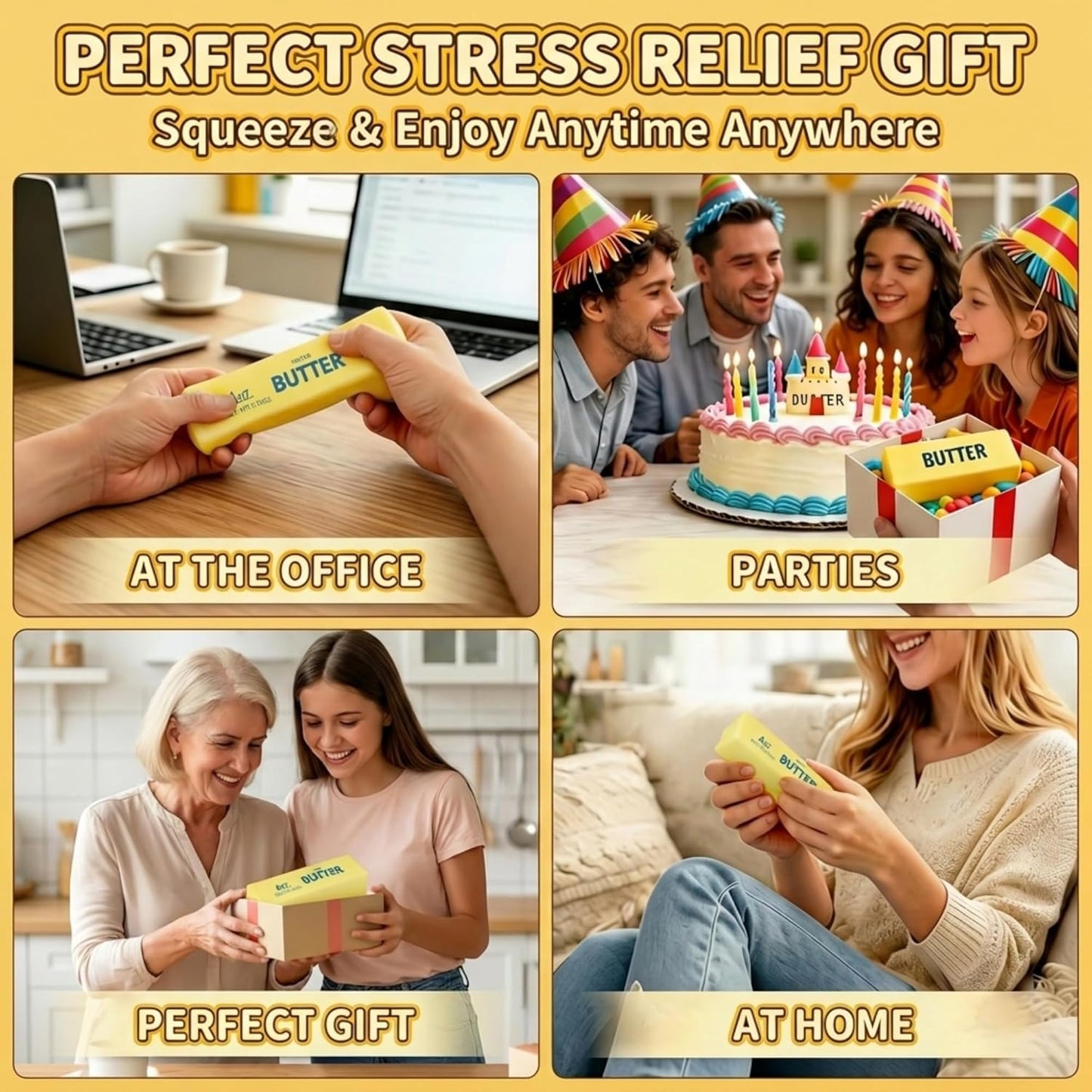 Butter Squishy Fidget Toys, Slow Rising Squishy Stress Relief Fidget Toys for Adults, Squishy Butter Slow Rebound Stretchy Sensory Toy Gifts for Anxiety Relief Party Favors Office School Home, 4pc