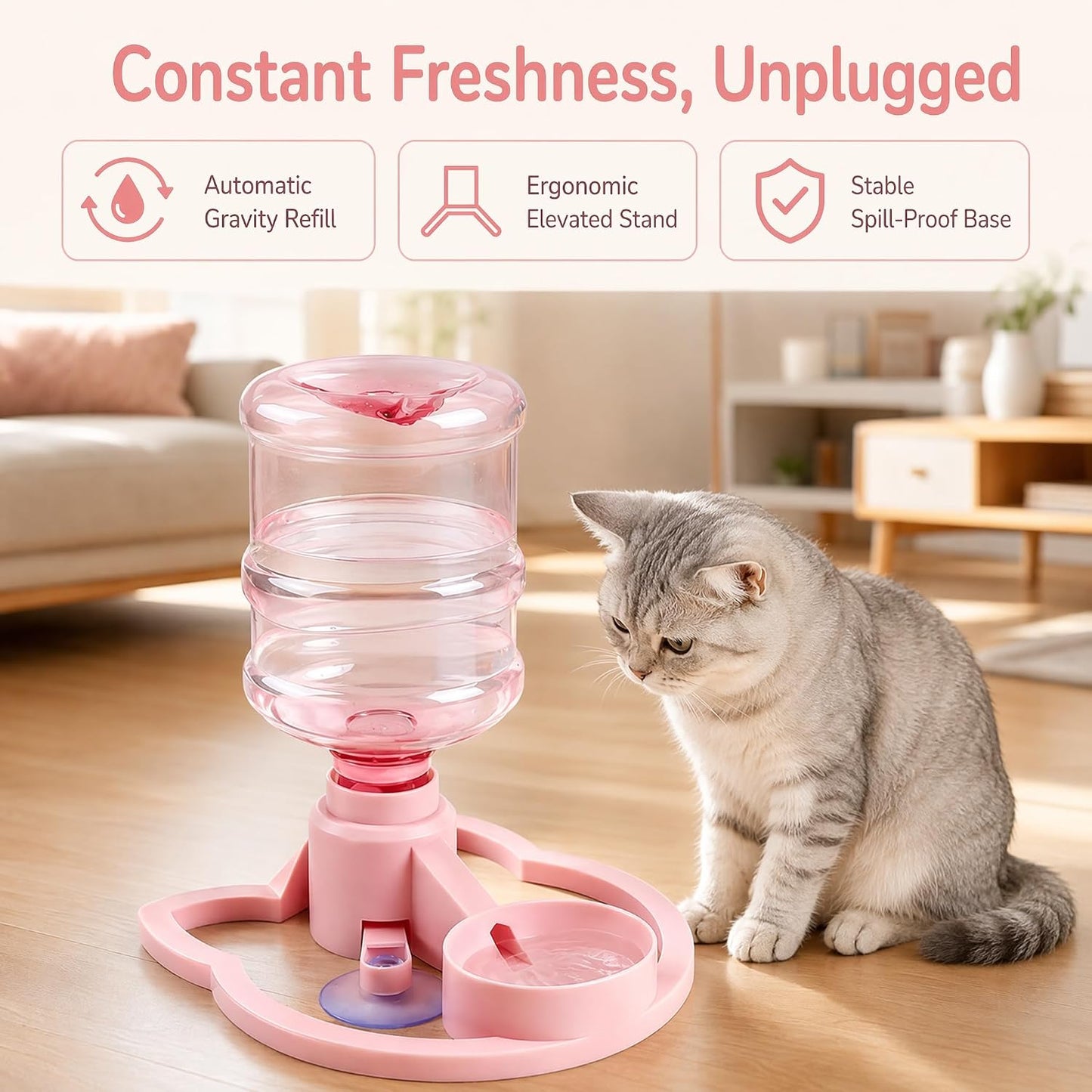 Water Dispenser Stand for Cats and Dogs, Gravity Fed Water Dispenser Stand with Automatic Refill Bowl, Elevated Spill Proof Pet Water Bowl with Bottle Holder for Small Pets，Yellow