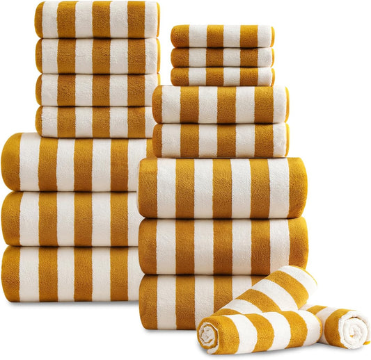 18 Pcs Yellow Stripe Bath Towel Set with Hanging Loop-6 Bath Towels,6 Hand Towels,6 Washcloths Soft Family Towel Set Bathroom Towel Highly Absorbent Quick Dry Shower Towel for Beach Spa Gym Hotel