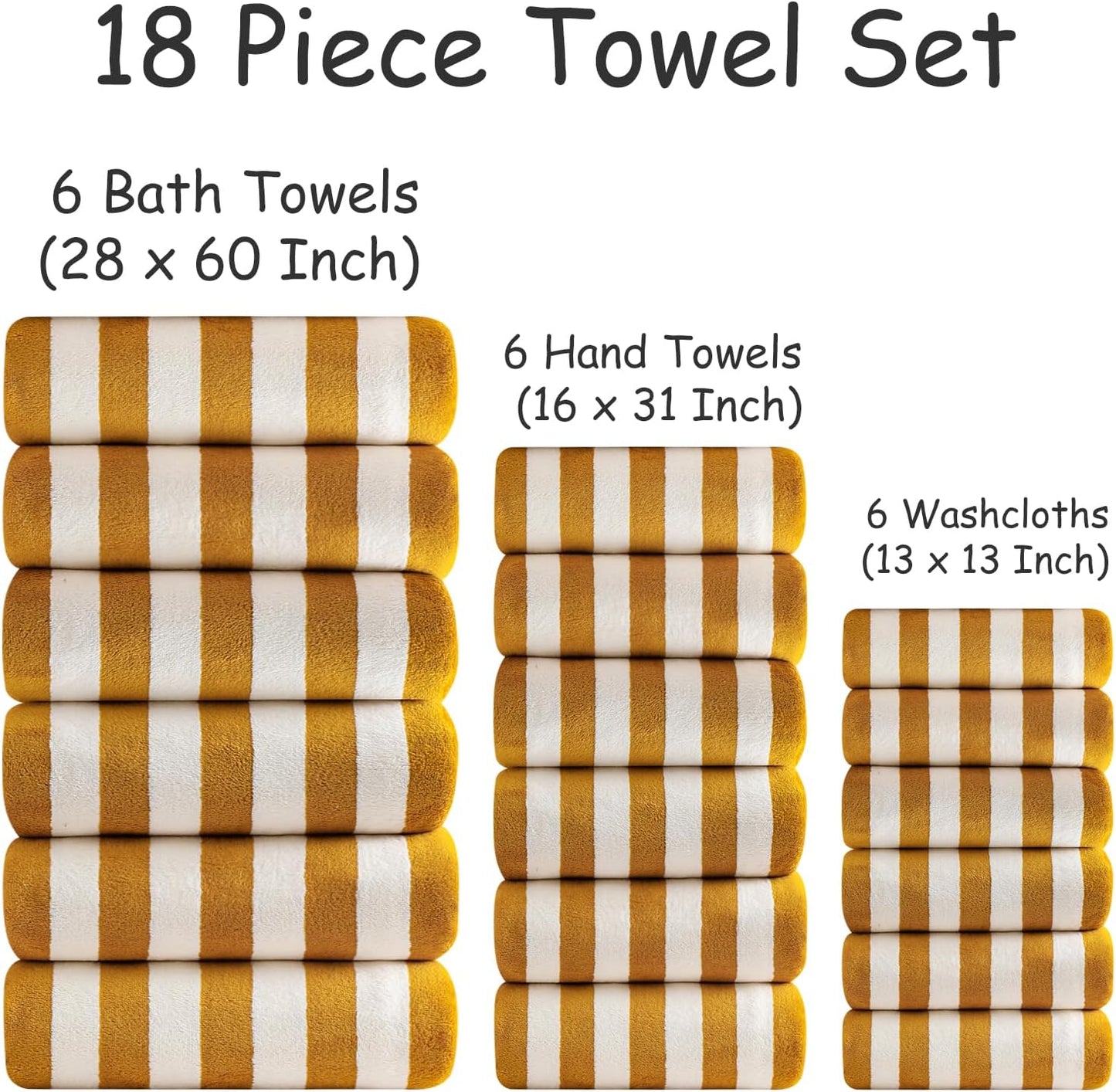 18 Pcs Yellow Stripe Bath Towel Set with Hanging Loop-6 Bath Towels,6 Hand Towels,6 Washcloths Soft Family Towel Set Bathroom Towel Highly Absorbent Quick Dry Shower Towel for Beach Spa Gym Hotel