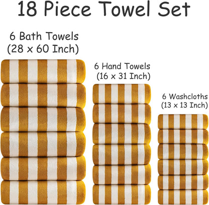 18 Pcs Yellow Stripe Bath Towel Set with Hanging Loop-6 Bath Towels,6 Hand Towels,6 Washcloths Soft Family Towel Set Bathroom Towel Highly Absorbent Quick Dry Shower Towel for Beach Spa Gym Hotel