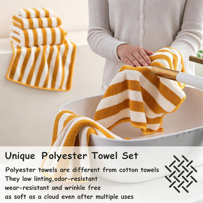 18 Pcs Yellow Stripe Bath Towel Set with Hanging Loop-6 Bath Towels,6 Hand Towels,6 Washcloths Soft Family Towel Set Bathroom Towel Highly Absorbent Quick Dry Shower Towel for Beach Spa Gym Hotel