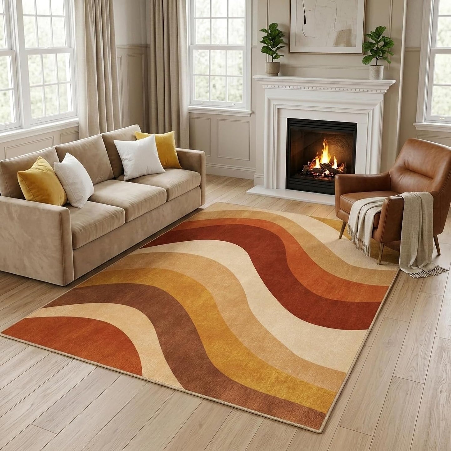 5x7 Modern Wavy Striped Area Rug for Living Room,Rust Orange & Mustard Yellow Gradient Wave Pattern Non-Slip Washable Backing Bedroom