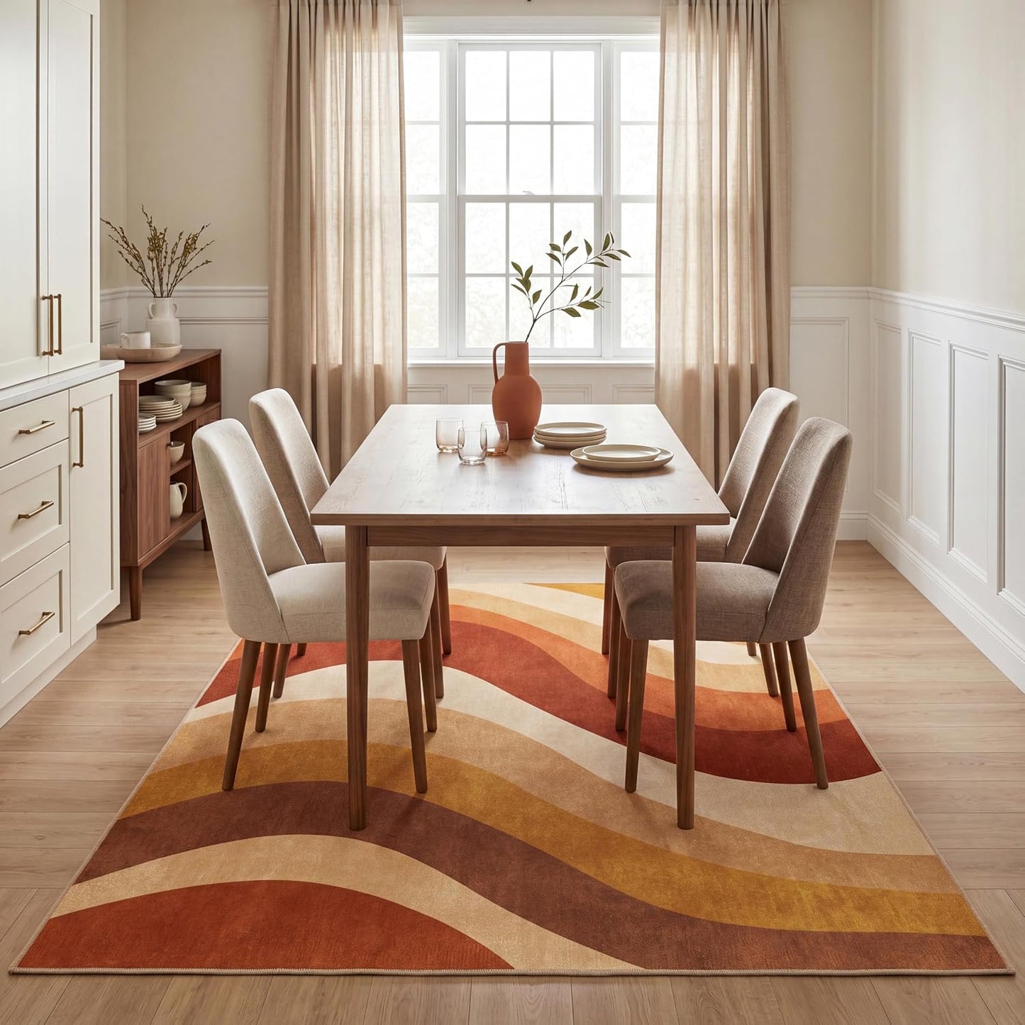 5x7 Modern Wavy Striped Area Rug for Living Room,Rust Orange & Mustard Yellow Gradient Wave Pattern Non-Slip Washable Backing Bedroom