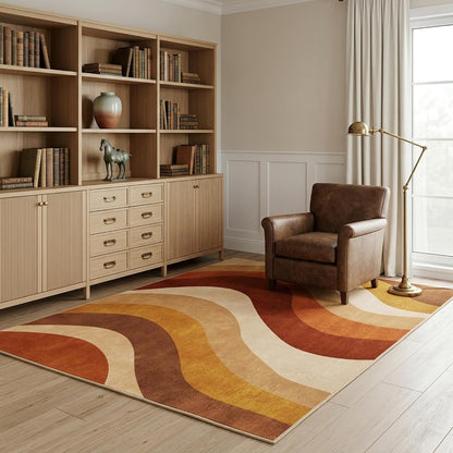 5x7 Modern Wavy Striped Area Rug for Living Room,Rust Orange & Mustard Yellow Gradient Wave Pattern Non-Slip Washable Backing Bedroom