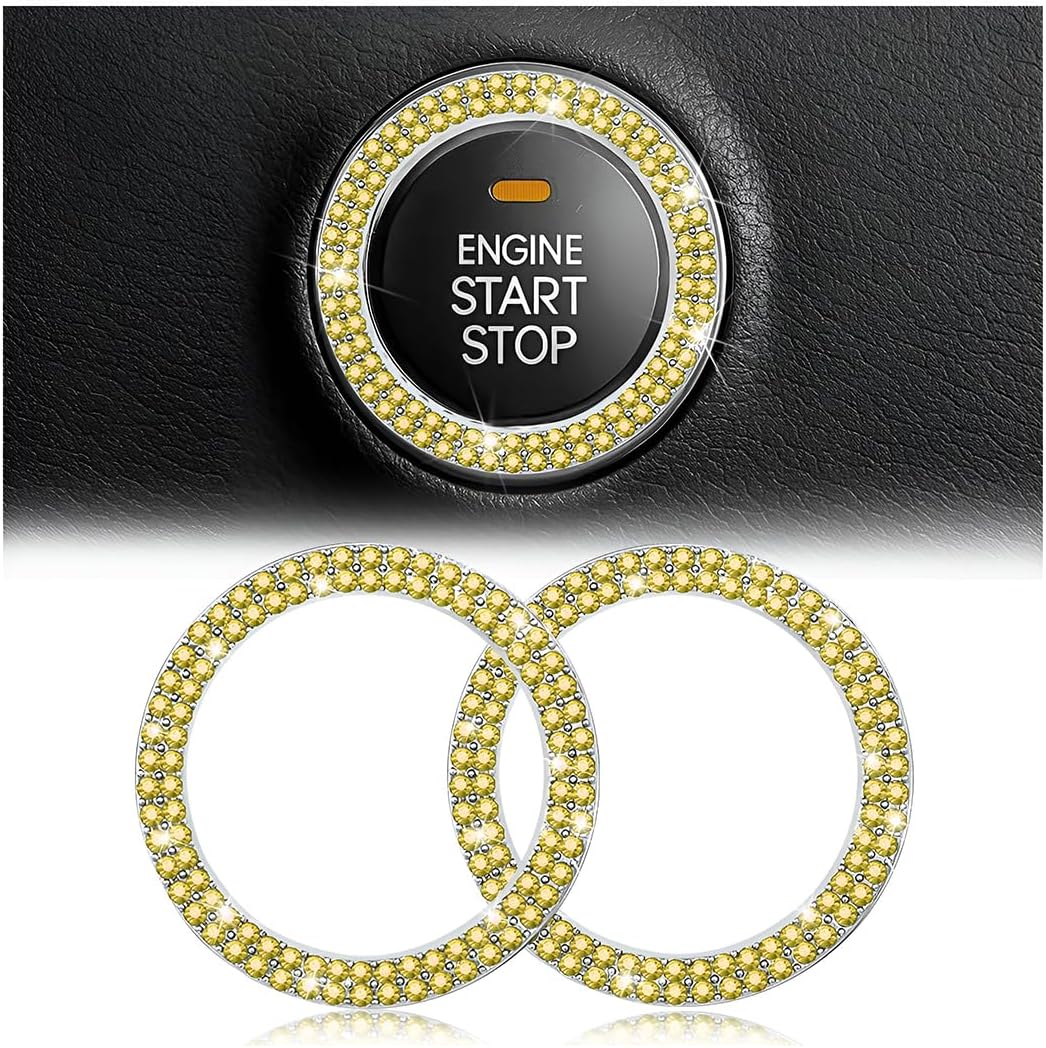 Car Bling Crystal Rhinestone Engine Start Ring Decals, 2 Pack Car Push Start Button Cover/Sticker, Key Ignition Knob Bling Ring, Sparkling Car Interior Accessories for Women (Double Yellow)
