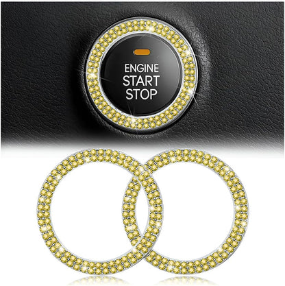 Car Bling Crystal Rhinestone Engine Start Ring Decals, 2 Pack Car Push Start Button Cover/Sticker, Key Ignition Knob Bling Ring, Sparkling Car Interior Accessories for Women (Double Yellow)