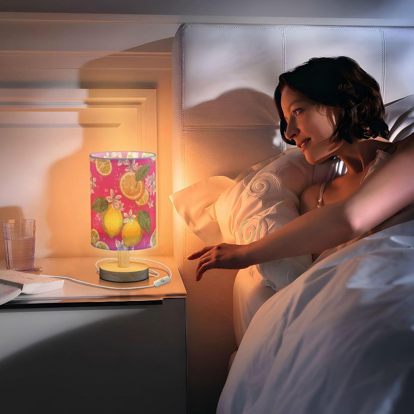 Bedside Table Lamp Lemon Yellow Citrus Fruits (43) Kids Nightstand Lamp Night Light Fabric Shade for Bedroom Living Room Home Office