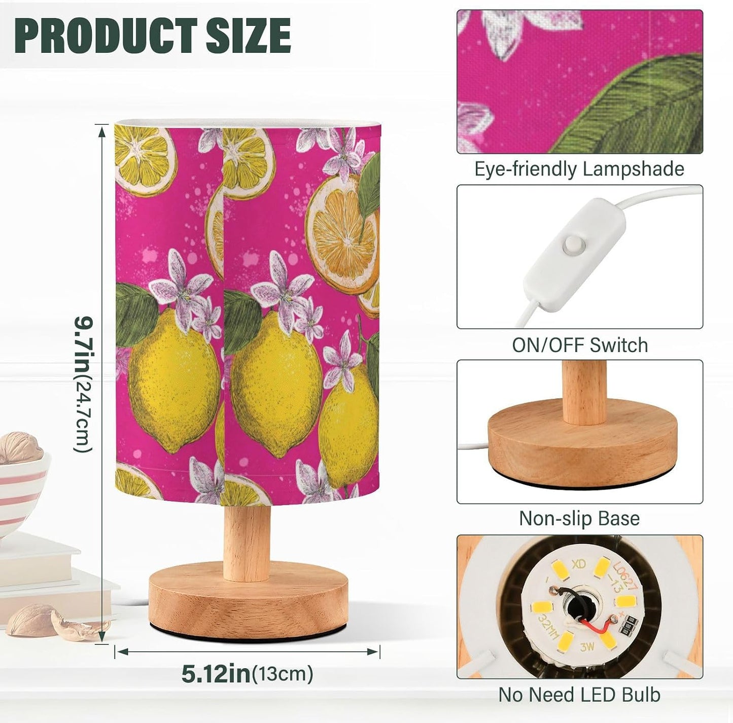 Bedside Table Lamp Lemon Yellow Citrus Fruits (43) Kids Nightstand Lamp Night Light Fabric Shade for Bedroom Living Room Home Office