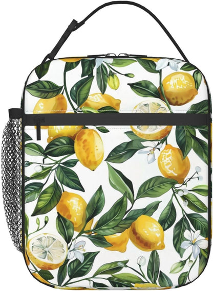 Reusable Yellow Lemon Lunch Box for Kids Girls Boys Women Adult, Insulated Fruit Lunch Bag,Polyester Cooler Green Leaves Handbags Case for School Picnic Work Travel Beach or Hiking